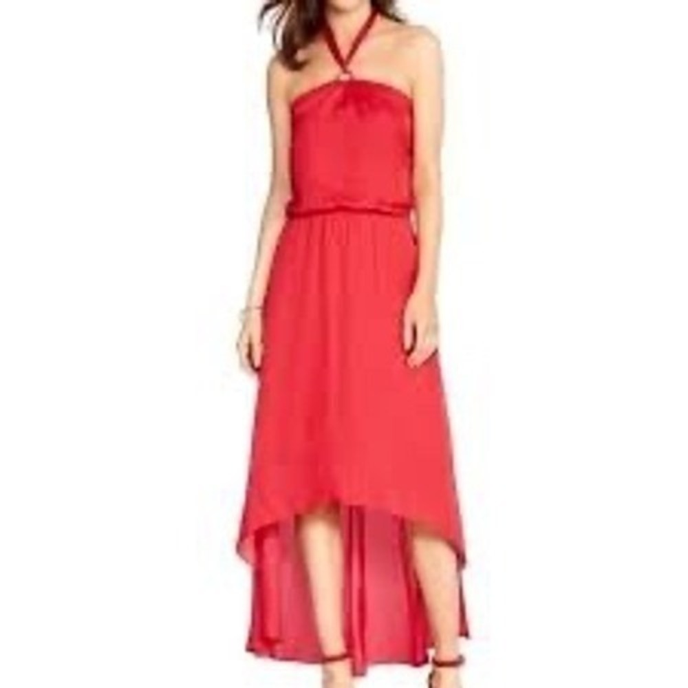 White House Black Market Red Halter High-Low Dress Size 2 O-Ring Neck Tie Back